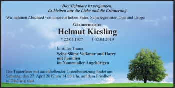 Traueranzeige von Helmut Kiesling von Thüringer Allgemeine, Thüringische Landeszeitung