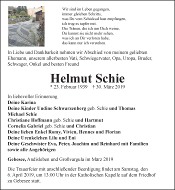 Traueranzeige von Helmut Schie von Thüringer Allgemeine, Thüringische Landeszeitung