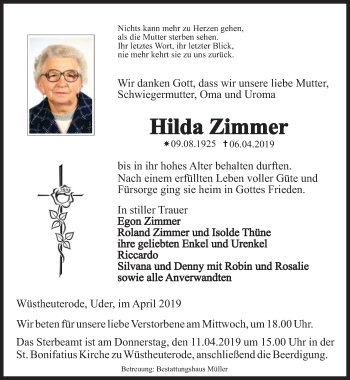 Traueranzeige von Hilda Zimmer von Thüringer Allgemeine