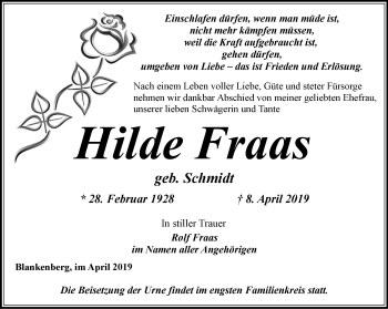 Traueranzeige von Hilde Fraas von Ostthüringer Zeitung