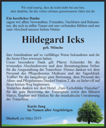 Traueranzeige von Hildegard Icks von Thüringer Allgemeine, Thüringische Landeszeitung