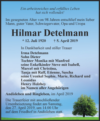 Traueranzeige von Hilmar Detelmann von Thüringer Allgemeine, Thüringische Landeszeitung