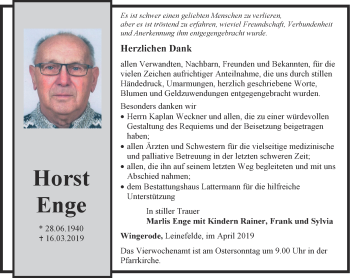 Traueranzeige von Horst Enge von Thüringer Allgemeine