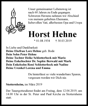 Traueranzeige von Horst Hehne