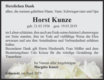 Traueranzeige von Horst Kunze von Thüringer Allgemeine
