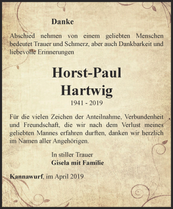 Traueranzeige von Horst-Paul Hartwig von Thüringer Allgemeine