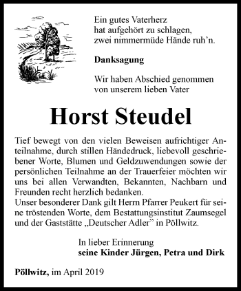 Traueranzeige von Horst Steudel von Ostthüringer Zeitung