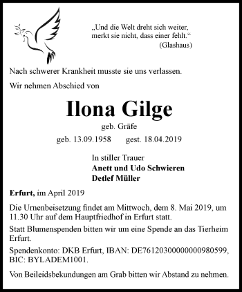 Traueranzeige von Ilona Gilge von Thüringer Allgemeine, Thüringische Landeszeitung