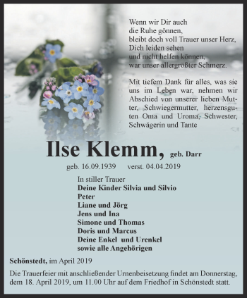 Traueranzeige von Ilse Klemm, von Thüringer Allgemeine, Thüringische Landeszeitung