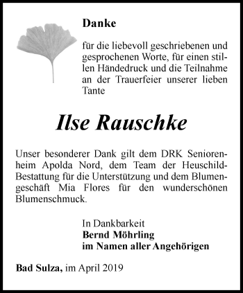 Traueranzeige von Ilse Rauschke von Thüringer Allgemeine, Thüringische Landeszeitung