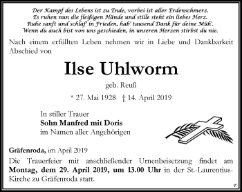 Traueranzeige von Ilse Uhlworm von Thüringer Allgemeine