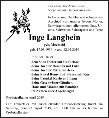 Traueranzeige von Inge Langbein von Ostthüringer Zeitung