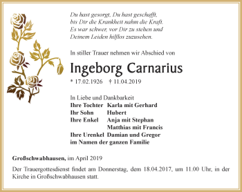Traueranzeige von Ingeborg Carnarius von Thüringer Allgemeine, Thüringische Landeszeitung