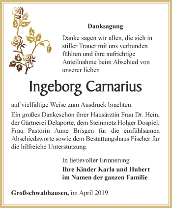 Traueranzeige von Ingeborg Carnarius von Thüringer Allgemeine, Thüringische Landeszeitung