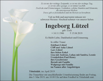 Traueranzeige von Ingeborg Lützel von Thüringer Allgemeine, Thüringische Landeszeitung