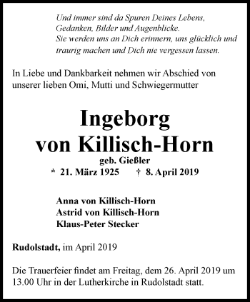 Traueranzeige von Ingeborg von Killisch-Horn von Ostthüringer Zeitung