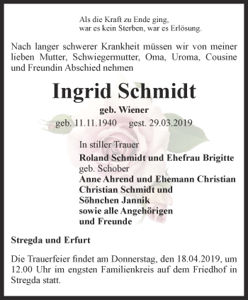 Traueranzeige von Ingrid Schmidt von Thüringer Allgemeine, Thüringische Landeszeitung