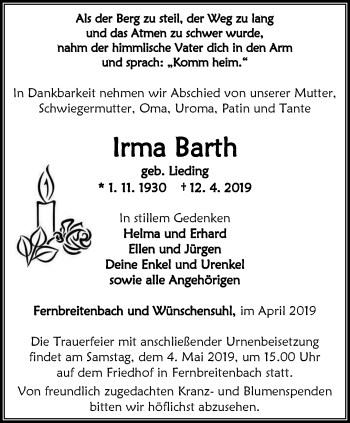Traueranzeige von Irma Barth von Thüringer Allgemeine, Thüringische Landeszeitung