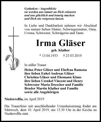 Traueranzeige von Irma Gläser von Thüringer Allgemeine, Thüringische Landeszeitung