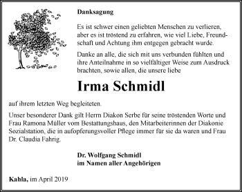 Traueranzeige von Irma Schmid von Ostthüringer Zeitung, Thüringische Landeszeitung