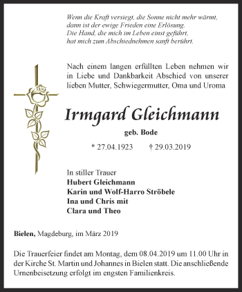 Traueranzeige von Irmgard Gleichmann von Thüringer Allgemeine