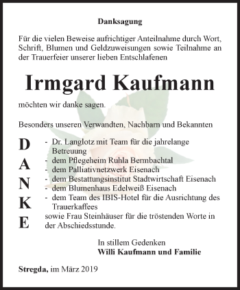 Traueranzeige von Irmgard Kaufmann von Thüringer Allgemeine, Thüringische Landeszeitung