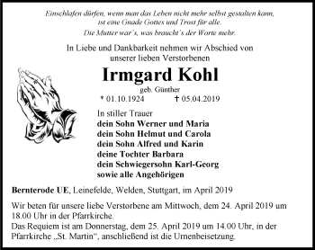 Traueranzeige von Irmgard Kohl von Thüringer Allgemeine
