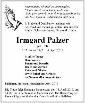 Traueranzeige von Irmgard Palzer von Ostthüringer Zeitung, Thüringische Landeszeitung