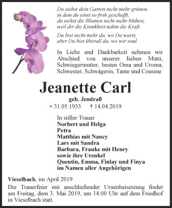 Traueranzeige von Jeanette Carl von Thüringer Allgemeine, Thüringische Landeszeitung