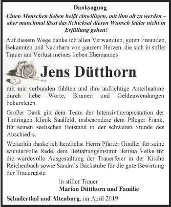 Traueranzeige von Jens Dütthorn von Ostthüringer Zeitung