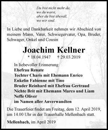 Traueranzeige von Joachim Kellner von Ostthüringer Zeitung