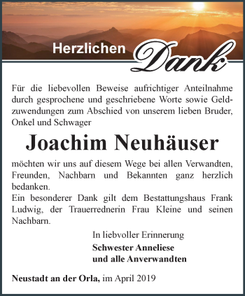 Traueranzeige von Joachim Neuhäuser von Ostthüringer Zeitung
