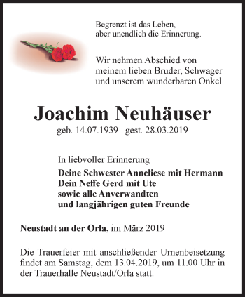 Traueranzeige von Joachim Neuhäuser von Ostthüringer Zeitung
