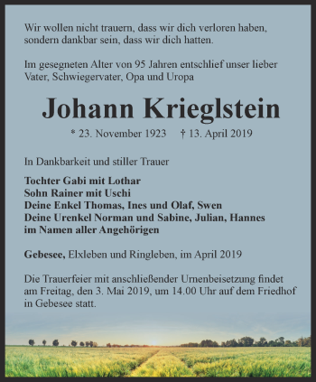 Traueranzeige von Johann Krieglstein von Thüringer Allgemeine, Thüringische Landeszeitung