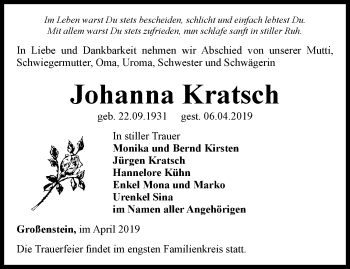 Traueranzeige von Johanna Kratsch von Ostthüringer Zeitung