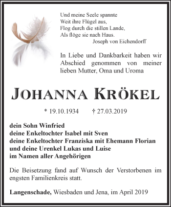 Traueranzeige von Johanna Krökel von Ostthüringer Zeitung