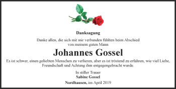 Traueranzeige von Johannes Gossel von Thüringer Allgemeine