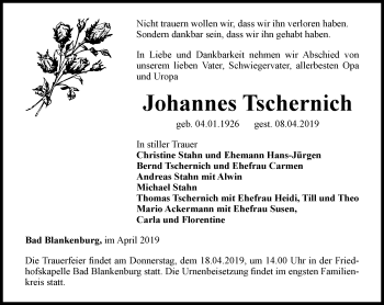 Traueranzeige von Johannes Tschernich von Ostthüringer Zeitung