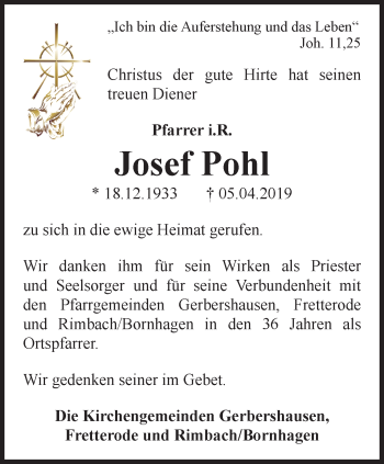 Traueranzeige von Josef Pohl von Thüringer Allgemeine