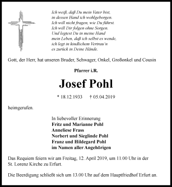 Traueranzeige von Josef Pohl von Thüringer Allgemeine, Thüringische Landeszeitung