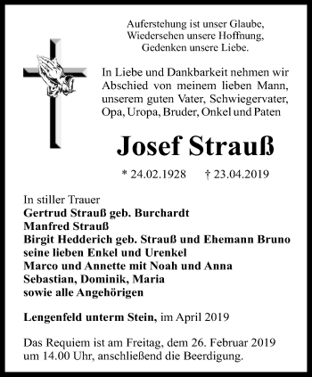 Traueranzeige von Josef Strauß von Thüringer Allgemeine, Thüringische Landeszeitung