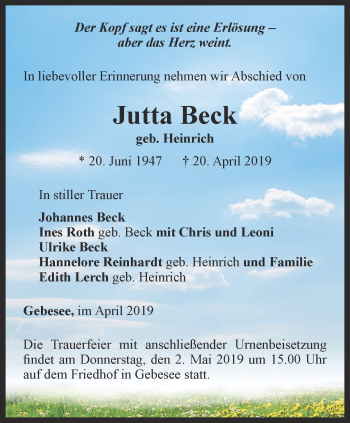 Traueranzeige von Jutta Beck von Thüringer Allgemeine, Thüringische Landeszeitung