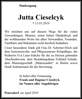 Traueranzeige von Jutta Cieselcyk von Thüringer Allgemeine