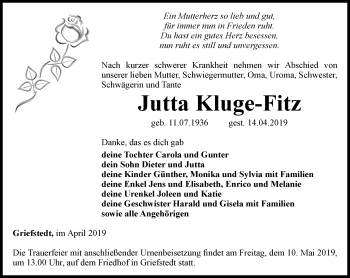 Traueranzeige von Jutta Kluge-Fitz von Thüringer Allgemeine