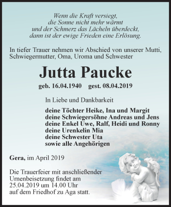 Traueranzeige von Jutta Paucke