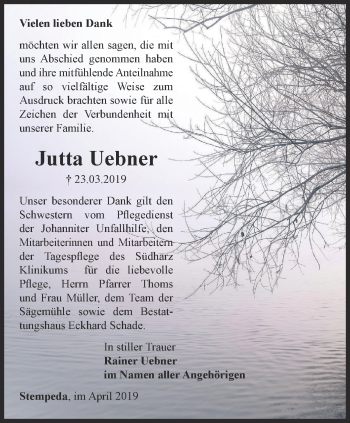 Traueranzeige von Jutta Uebner von Thüringer Allgemeine