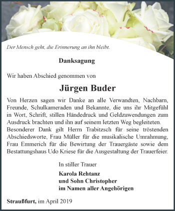 Traueranzeige von Jürgen Buder von Thüringer Allgemeine