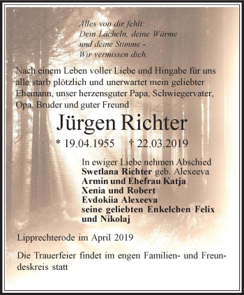 Traueranzeige von Jürgen Richter von Thüringer Allgemeine