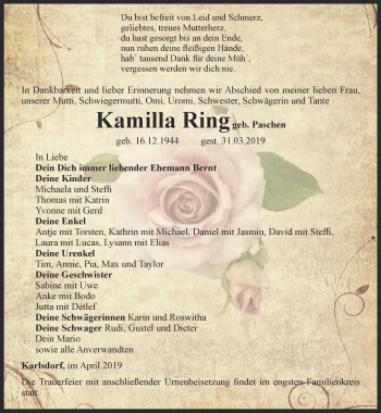 Traueranzeige von Kamilla Ring