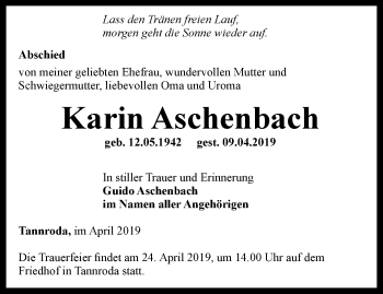 Traueranzeige von Karin Aschenbach von Thüringer Allgemeine, Thüringische Landeszeitung